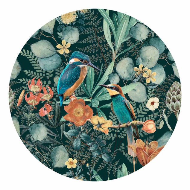 Papier peint floral Paradis floral martin-pêcheur et colibri