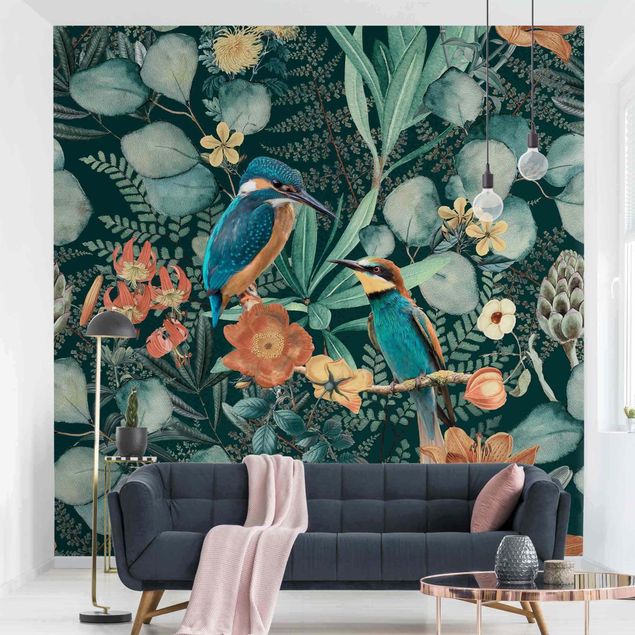 Papier peint oiseaux Paradis floral martin-pêcheur et colibri