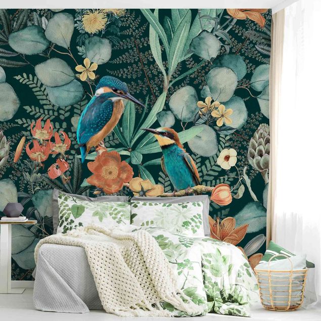 Papier peint moderne Paradis floral martin-pêcheur et colibri
