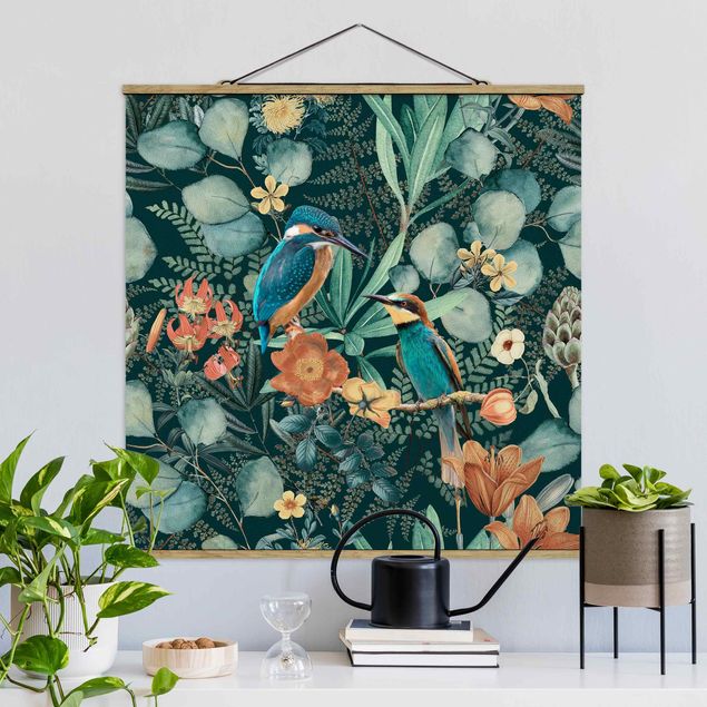 Déco mur cuisine Paradis floral martin-pêcheur et colibri