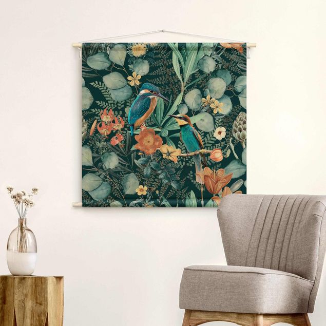 tapis de mur décoratif Floral Paradise Kingfisher And Hummingbird