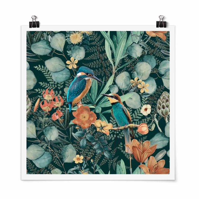 Tableaux animaux Paradis floral martin-pêcheur et colibri