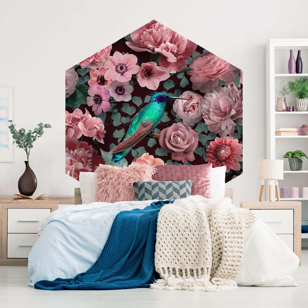 Tapisserie moderne Paradis floral colibri avec roses