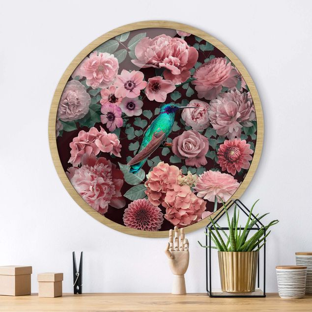 Tableaux encadrés fleurs Paradis floral colibri avec roses