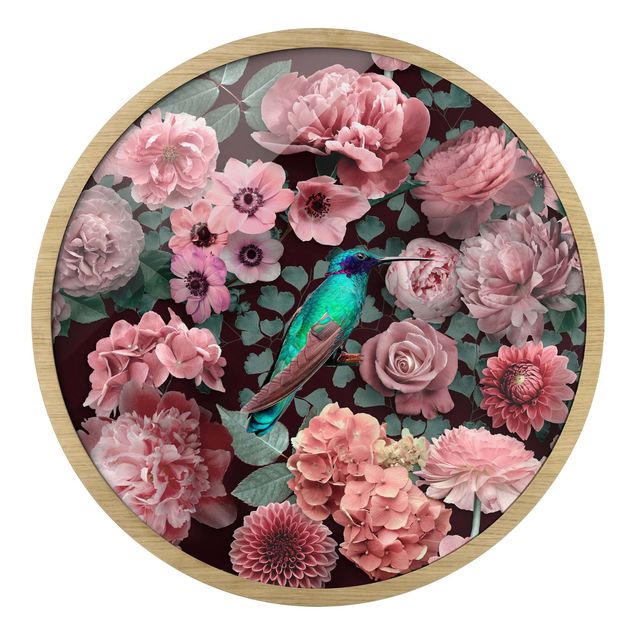 Tableaux rose Paradis floral colibri avec roses