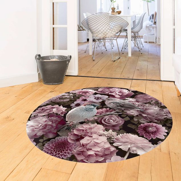 tapis salon moderne Paradis floral moineau en rose antique