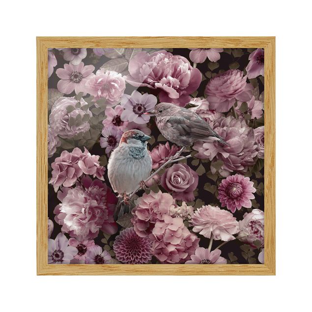 Tableaux fleurs Paradis floral moineau en rose antique