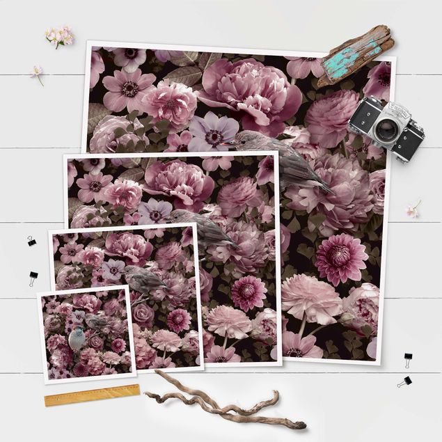 Posters Paradis floral moineau en rose antique