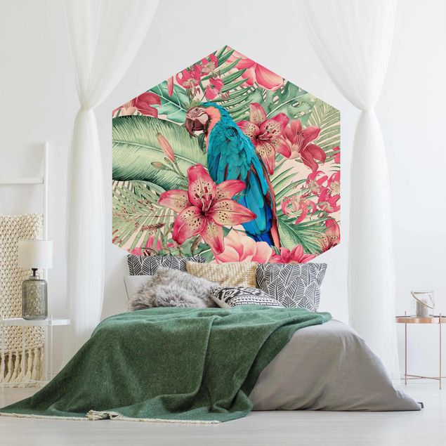 papier peint fleuri Paradis floral Perroquet Tropical