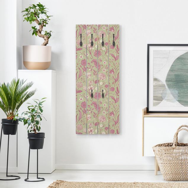 Porte-manteaux muraux avec dessins Danse des fleurs en vert menthe et rose pastel