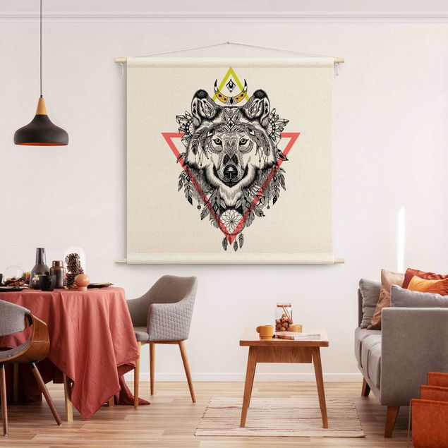 tenture murale contemporaine Boho Wolf With Dreamcatcher