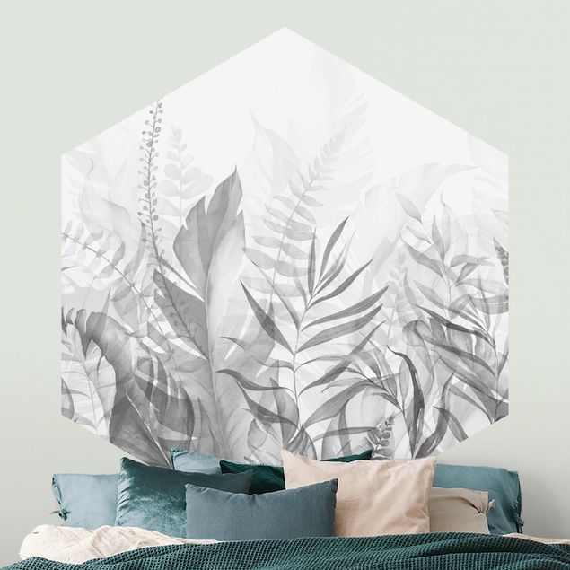 Papier peint moderne Botanique - Feuilles Tropicales Gris