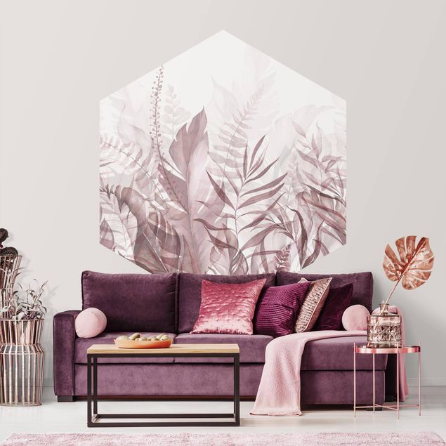 Papier peint hexagonal Botanique - Feuilles tropicales rose