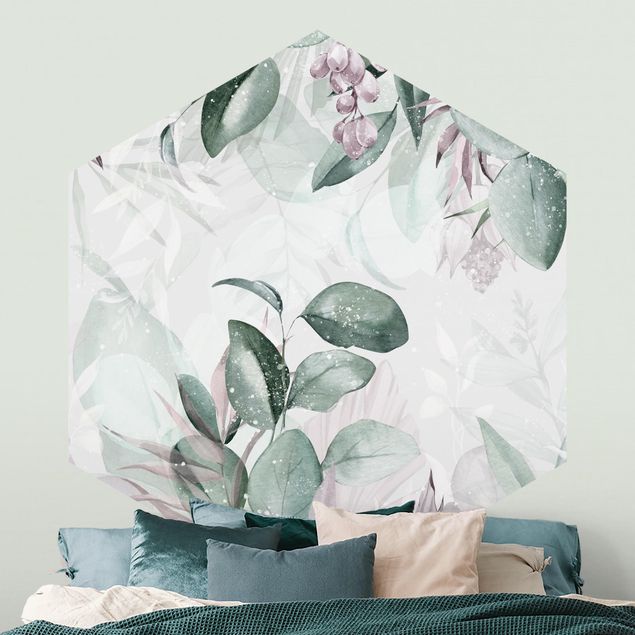 Papier peint moderne Botanique en vert pastel et rose