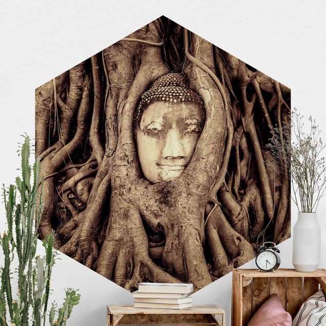 Décorations cuisine Bouddha d'Ayutthaya doublé de racines d'arbre en brun