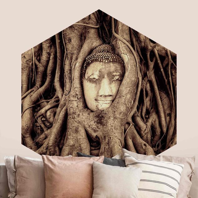 Papier peint moderne Bouddha d'Ayutthaya doublé de racines d'arbre en brun