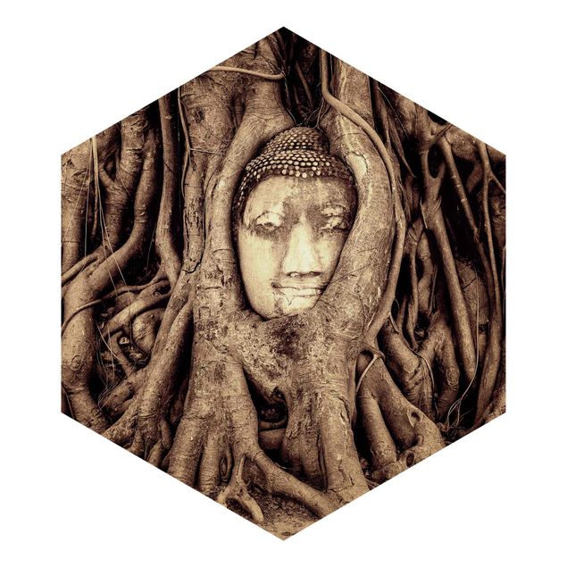 Papier peint panoramique Bouddha d'Ayutthaya doublé de racines d'arbre en brun