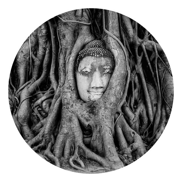Tapisserie noir et blanc Bouddha d'Ayutthaya doublé de racines d'arbres en noir et blanc