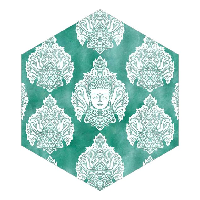 papier peint xxl Bouddha et lotus motif émeraude