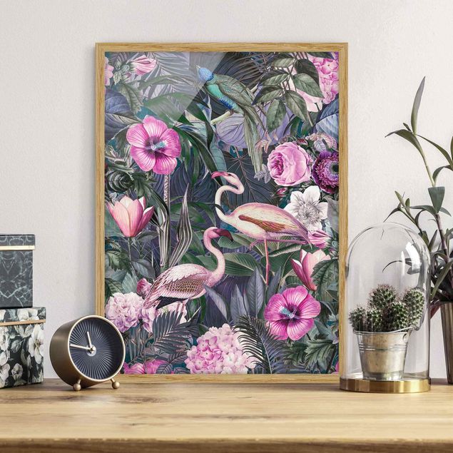 Tableau jungle tropicale Collage coloré - Flamants roses dans la jungle