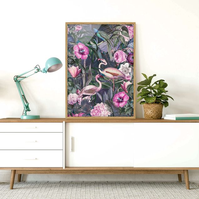 Tableaux encadrés fleurs Collage coloré - Flamants roses dans la jungle