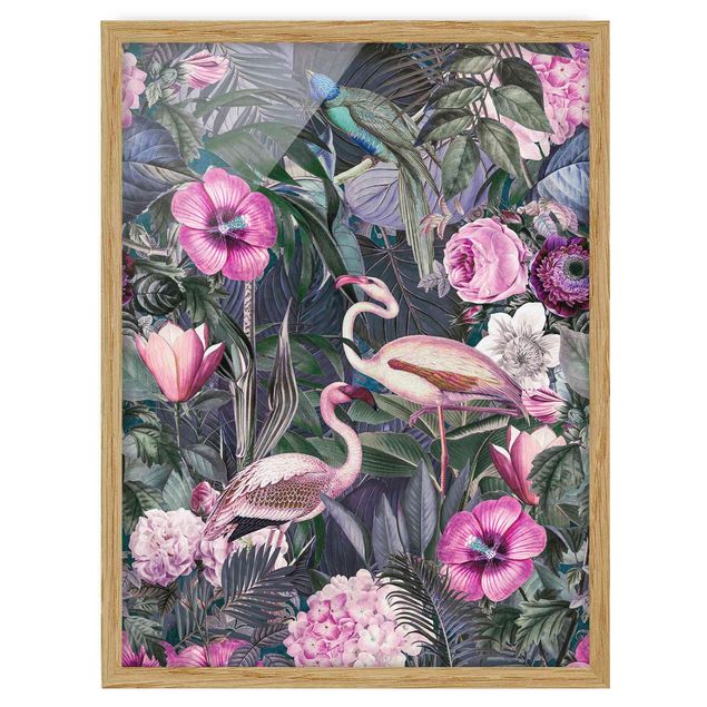 Tableau floral mural Collage coloré - Flamants roses dans la jungle