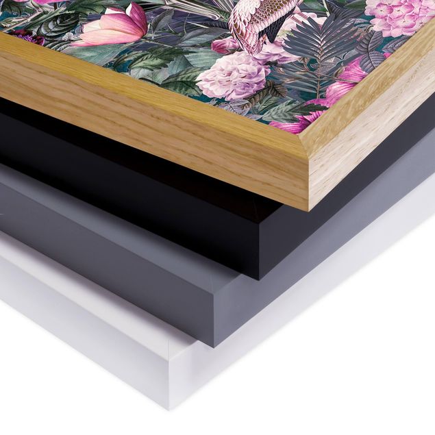 Tableaux muraux Collage coloré - Flamants roses dans la jungle