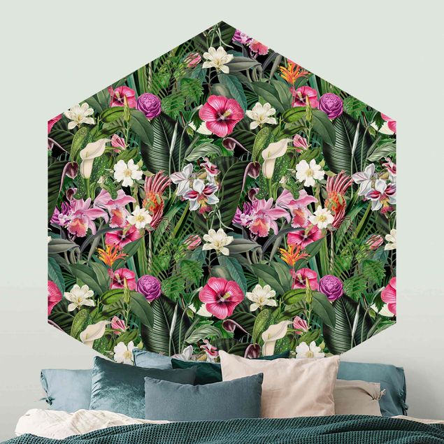 Papier peint moderne Collage de fleurs tropicales colorées