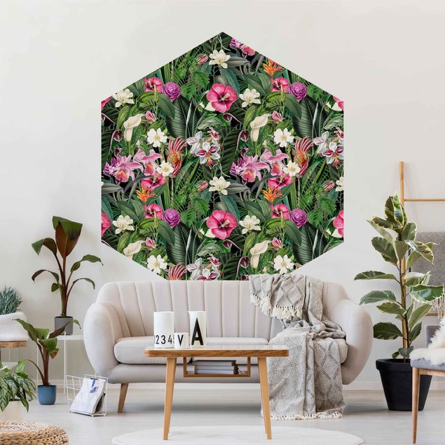 Papier peint à motifs Collage de fleurs tropicales colorées