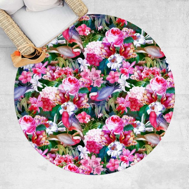 tapis extérieur Fleurs Tropicales Colorées avec Oiseaux Rose