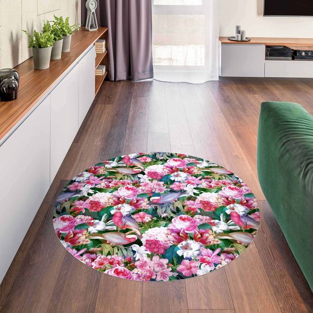 tapis modernes Fleurs Tropicales Colorées avec Oiseaux Rose