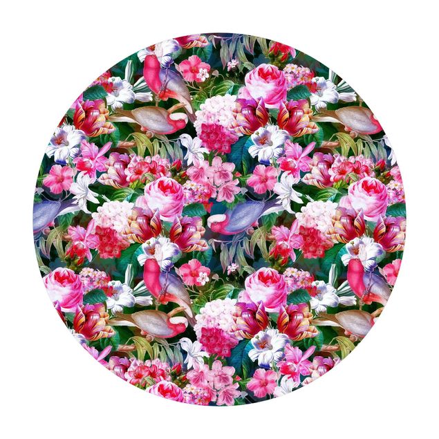 tapis nature Fleurs Tropicales Colorées avec Oiseaux Rose