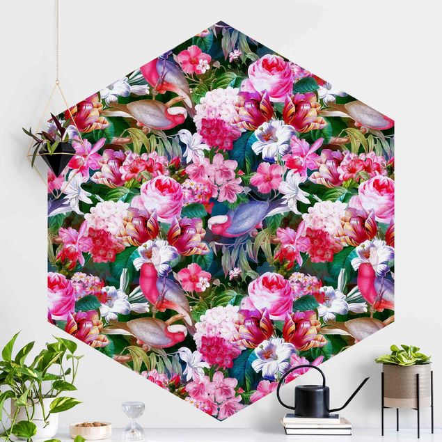 Déco mur cuisine Fleurs Tropicales Colorées avec Oiseaux Rose