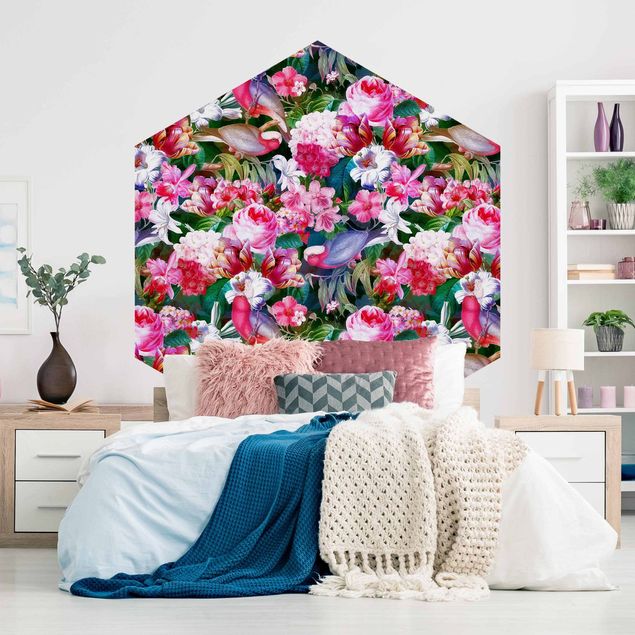 Tapisserie moderne Fleurs Tropicales Colorées avec Oiseaux Rose