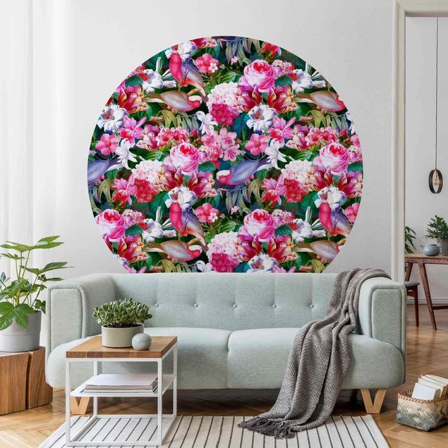 Déco mur cuisine Fleurs Tropicales Colorées avec Oiseaux Rose