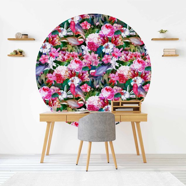 Papier peint fleurs roses Fleurs Tropicales Colorées avec Oiseaux Rose
