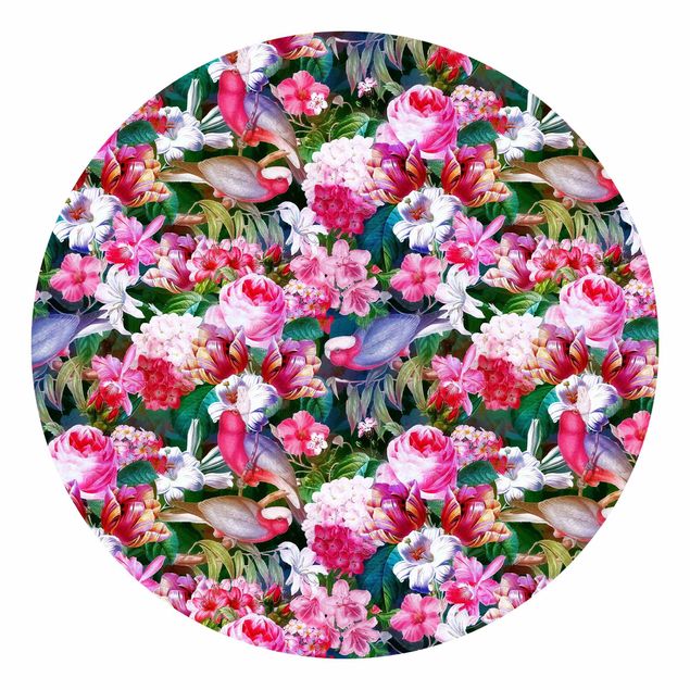 Tapisserie moderne Fleurs Tropicales Colorées avec Oiseaux Rose