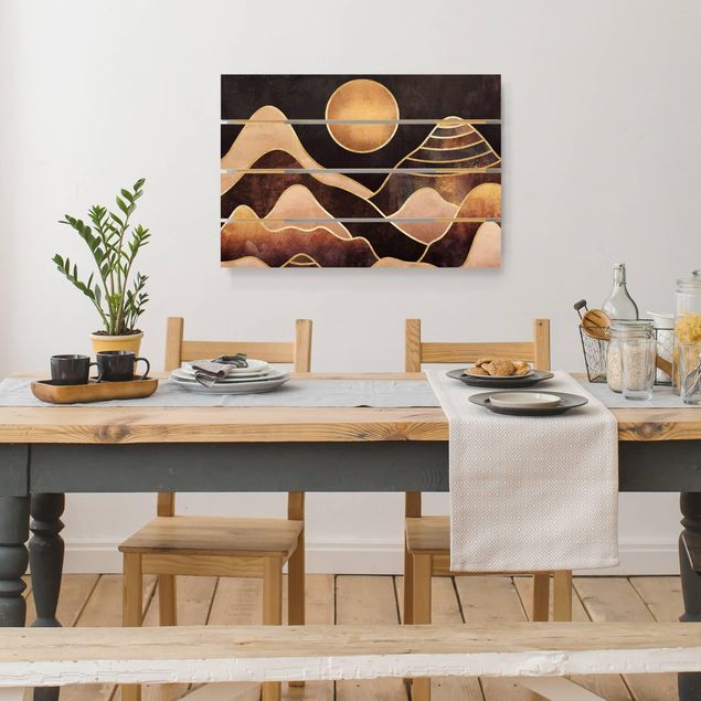 Tableaux en bois avec paysage Soleil Doré Montagnes Abstraites