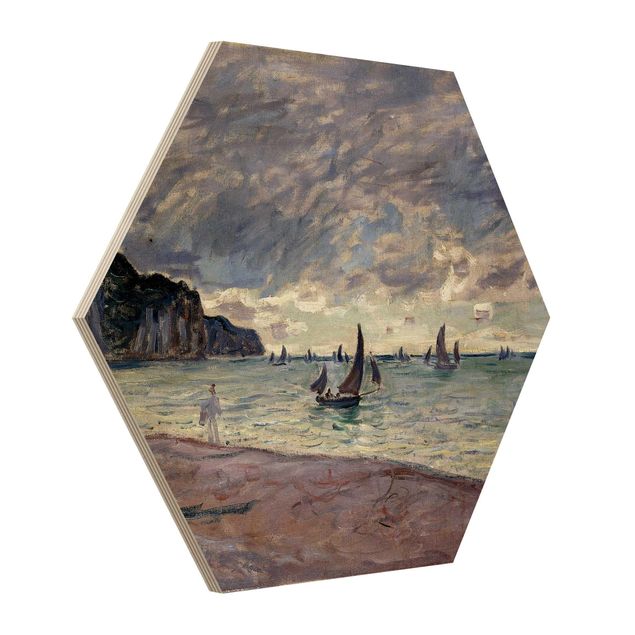 Tableaux en bois avec paysage Claude Monet - Bateaux de pêche devant la plage et les falaises de Pourville