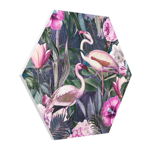 Tableau fleurs Collage coloré - Flamants roses dans la jungle