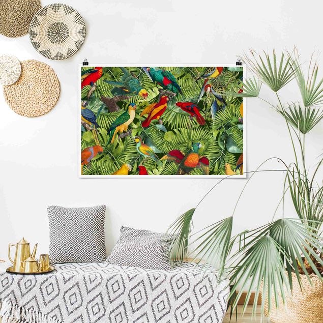 Tableaux moderne Collage coloré - Perroquets dans la jungle