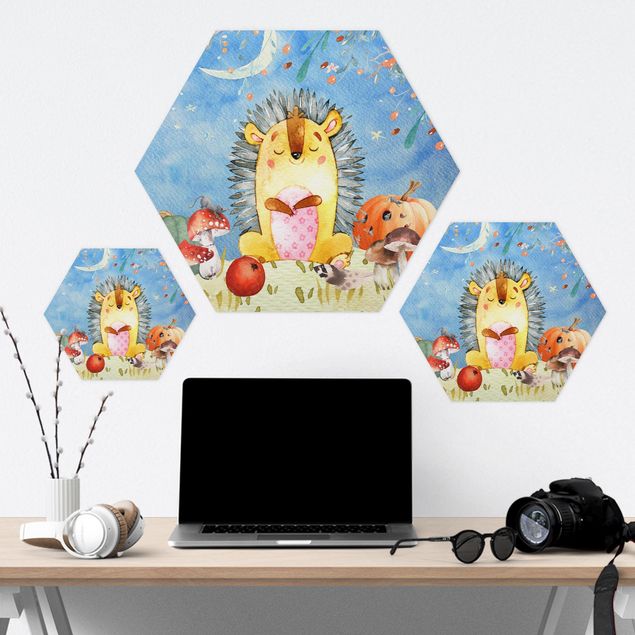 Tableau hexagon Aquarelle - Hérisson en automne