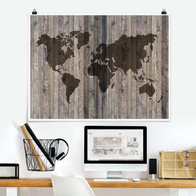 Déco mur cuisine Carte du monde en bois