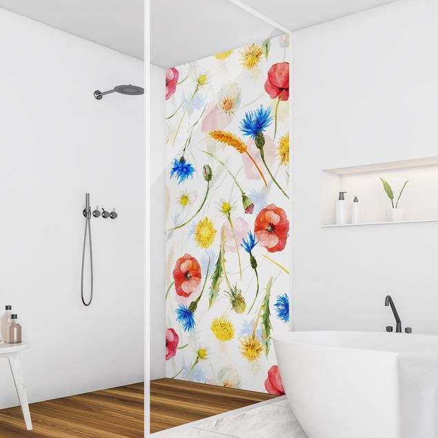 Panneau mural salle de bain Fleurs sauvages avec coquelicots aquarelle