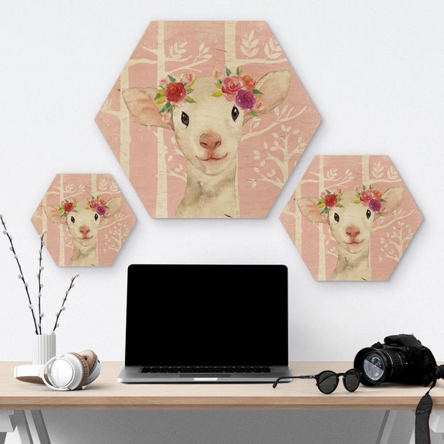 Hexagon Picture Wood - Watercolor Pink Sheep