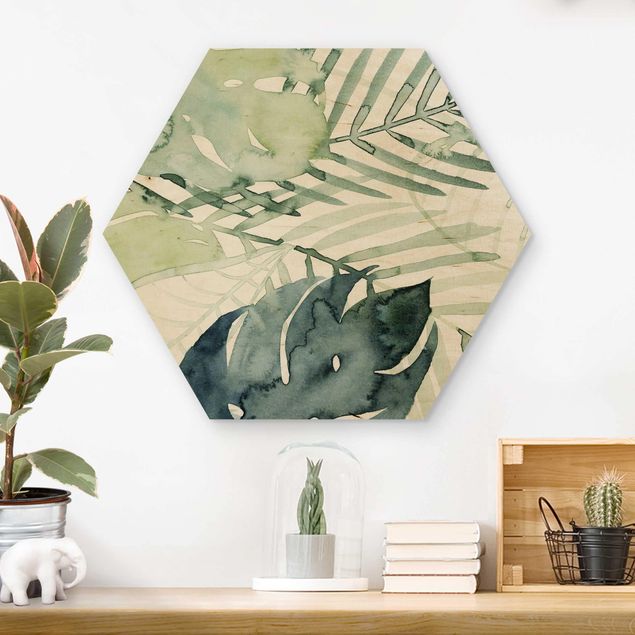 Tableaux en bois avec fleurs Feuilles de palmier à l'aquarelle I