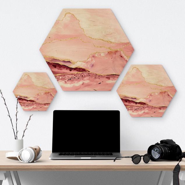 Tableaux bois Abstract Mountains Pink With Golden Lines