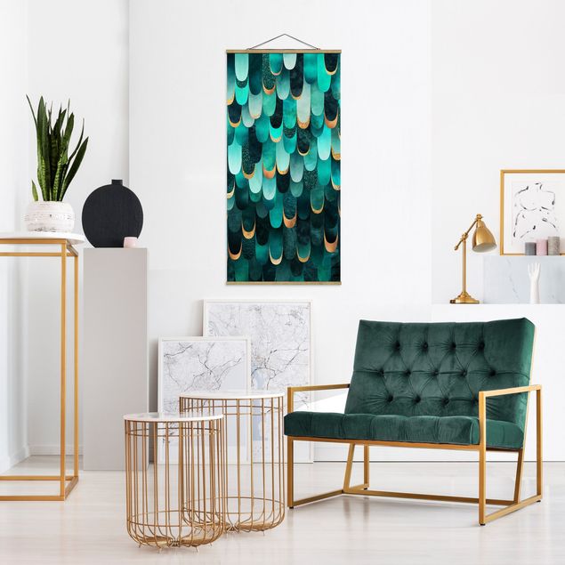 Tableaux moderne Plumes Or Turquoise