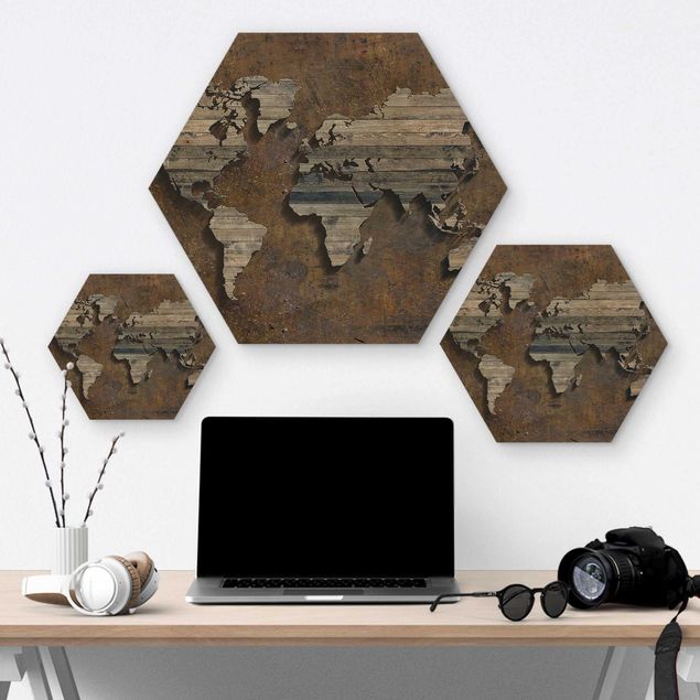 Hexagone en bois - Wooden Grid World Map