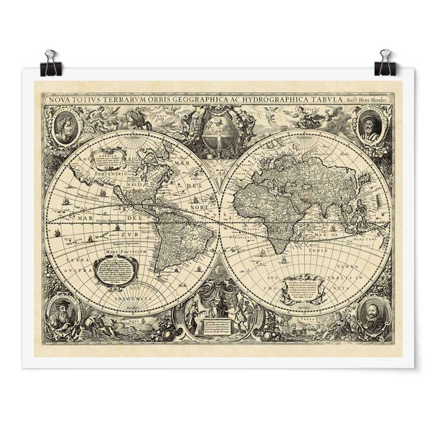 Poster mappemonde Illustration antique d'une carte du monde vintage